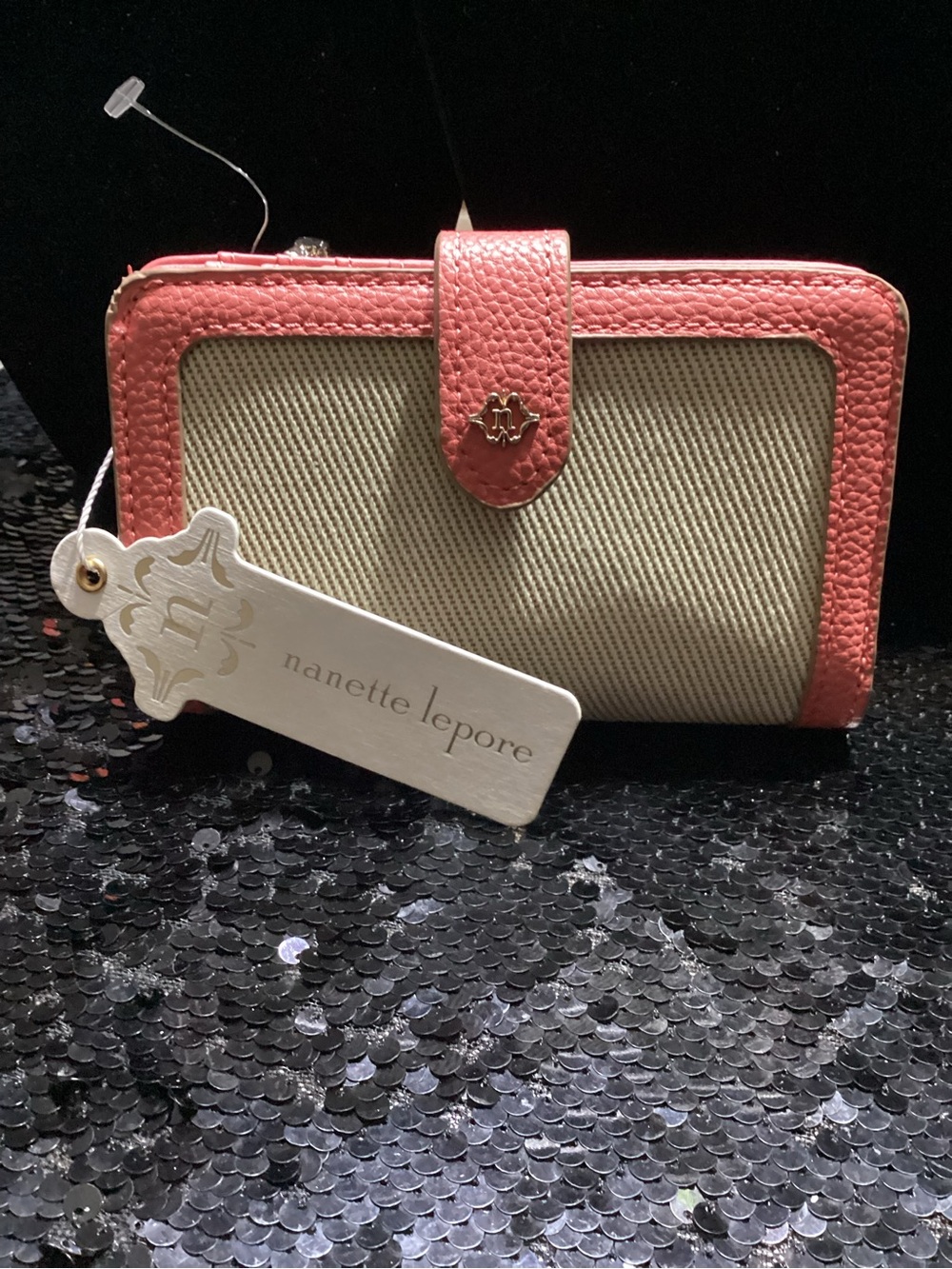 Nanette Lepore Coral-Trim Beige Canvas Wallet